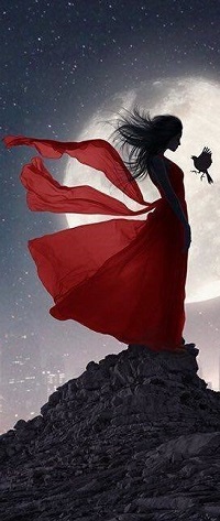 99px.ru аватар Девушка в красном развевающемся платье стоит на фоне полной луны перед парящей птицей