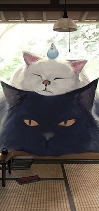 Аватар вконтакте Кошки в проеме дверей и курица на белой кошке, by arizuka