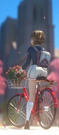 99px.ru аватар Девочка с рюкзаком за спиной на велосипеде с цветами в корзине