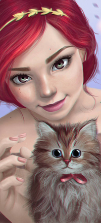 Аватар вконтакте Рыжеволосая зеленоглазая девушка с кошечкой, by palsonart