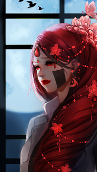 99px.ru аватар Девушка с красными длинными волосами и глазами на фоне полной луны, by buffalodog