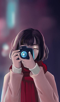 99px.ru аватар Темноволосая девушка с фотоаппаратом на размытом фоне, by curriart