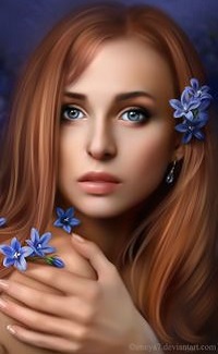 Аватар вконтакте Девушка с голубыми глазами и голубыми цветами на плече и в волосах, by Ennya