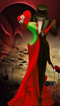 99px.ru аватар Мужчина в черном котелке в черном фраке танцует с женщиной в красной шляпе и в красном длинном платье на фоне маков и неба
