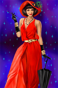 99px.ru аватар Брюнетка в красной шляпе и длинном красном платье с черным зонтом в одной руке, с сигаретой в другой на сиреневом фоне