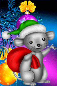 99px.ru аватар Серый крыс в новогодней шапочке с мешком за плечом на фоне Новогодних ветвей елки и игрушек