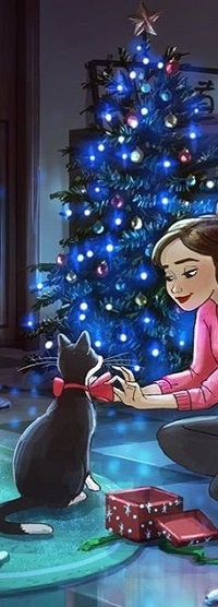 99px.ru аватар Девочка завязывает бантик на шее кошки в комнате с елкой