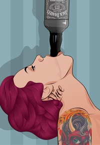 99px.ru аватар Рыжеволосая девушка с татуировкой на плече пьет виски Jack Daniels без помощи рук