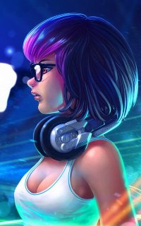 99px.ru аватар Девушка в очках с фиолетовыми волосами с наушниками на шее