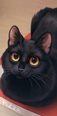 99px.ru аватар Черный кот с янтарными глазами лежит на коробке пиццы, by Chiakiro