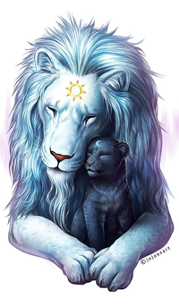 99px.ru аватар Белый лев с солнцем на лбу обнимает черного львенка с полумесяцем, by JoJoesArt