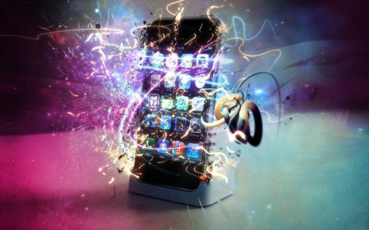 Обои на рабочий стол Навороченный девайс (Стилизованый айфон (iPhone) со световыми всплесками)
