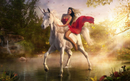 Обои на рабочий стол Всадница (девушка оседлала сказочного единорога и переходит вброд маленькое лесное озерцо, где плавают лебеди и важно вышагивают фламинго)