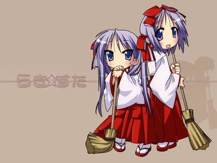 Обои на рабочий стол Lucky star - Девушки в красных платьях с метлами