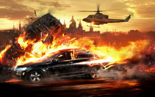 Обои на рабочий стол Вертолет в погоне за автомобилем Pontiac GTO за рулем которого Майло Берик из игры The Wheelman / Угонщик
