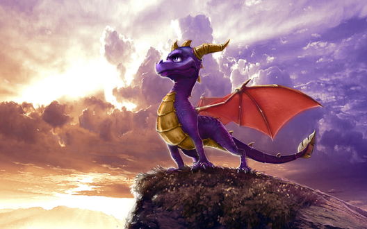 Обои на рабочий стол Spyro the Dragon / Дракон Спайро из одноименной игры стоит на утёсе и смотрит вдаль на морские волны