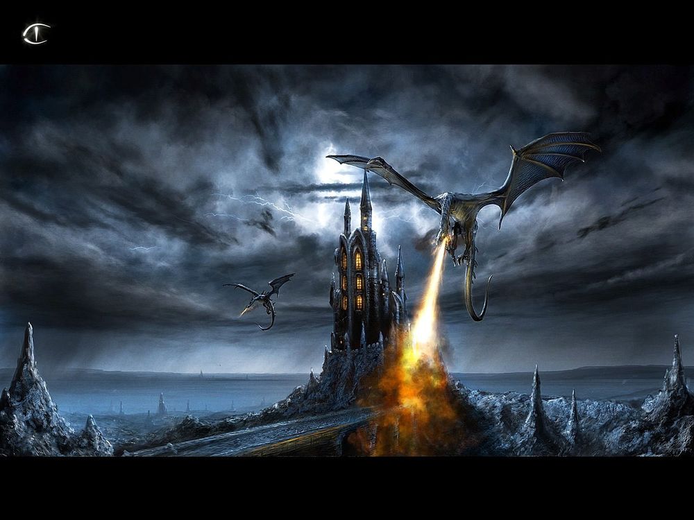 Обои для рабочего стола Огнедышащие драконы кружат над замком, тучи на небе, гром и молнии