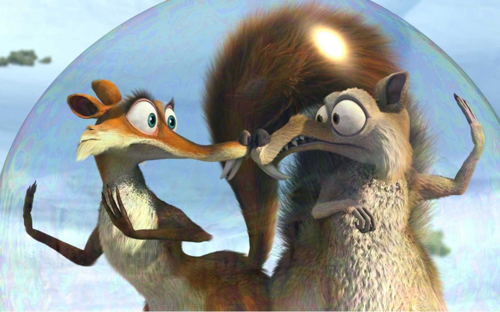 Обои для рабочего стола Ice Age Ледниковый Период Две белки нос к носу в мыльном пузыре