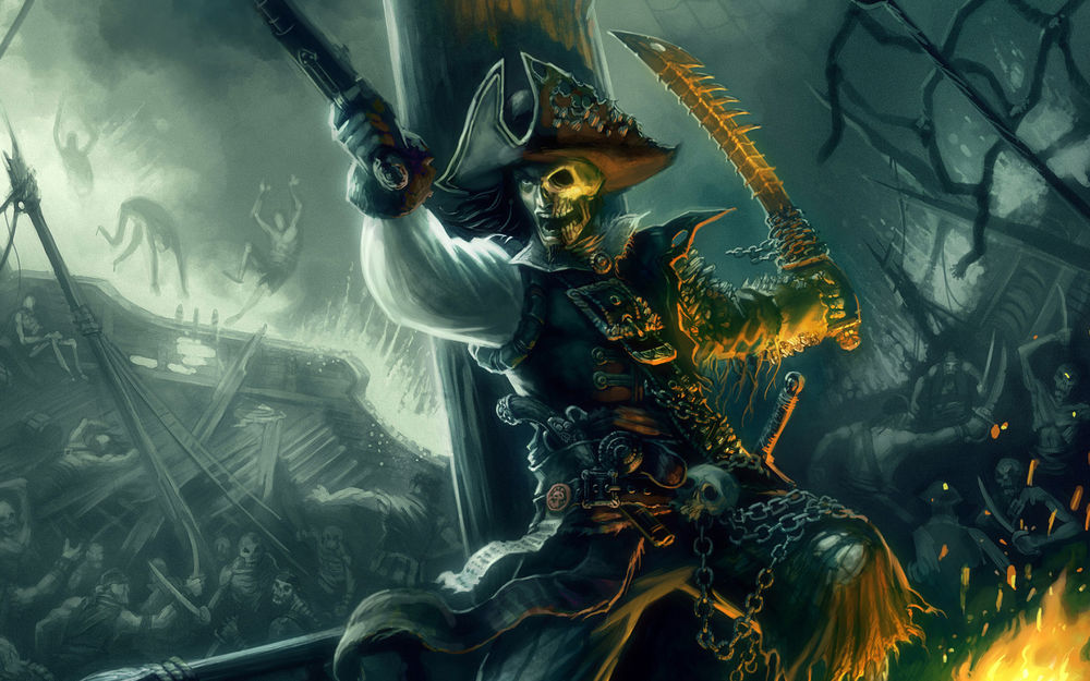Обои для рабочего стола Пират - на половину мертвец, отбивается от врагов на судне полном мертвых