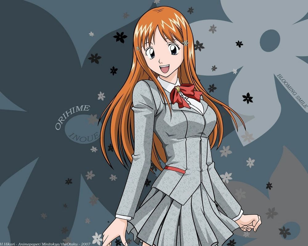 Обои на рабочий стол Inoue Orihime (Bleach Series) девочка в сером с  радостным видом, обои для рабочего стола, скачать обои, обои бесплатно