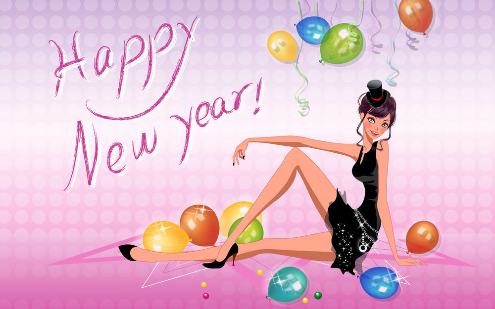 Обои для рабочего стола Happy New Year! Девушка в шляпке сидит на полу в окружении шариков
