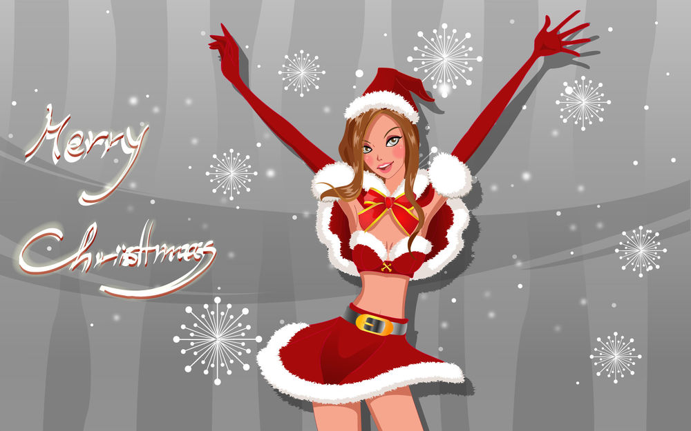 Обои для рабочего стола Merry Christmas! Девушка в костюме Санта-Клауса подняла руки вверх