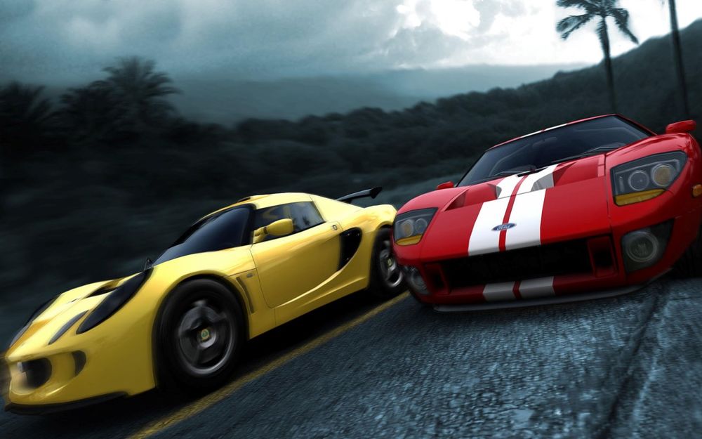 Обои для рабочего стола Желтый Lotus Elise и красный Ford GT из игры Test Drive Unlimited