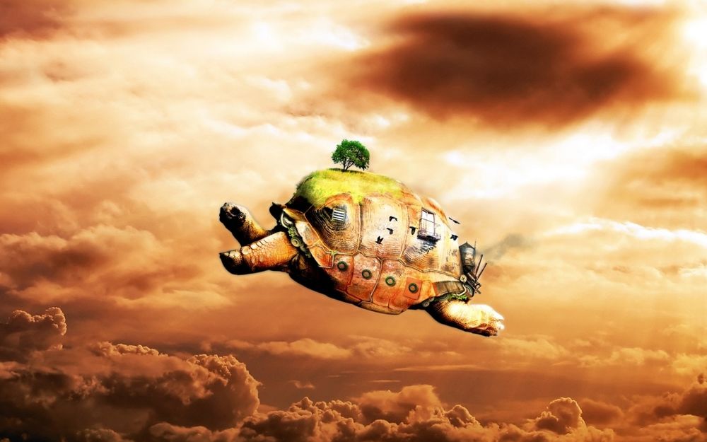 Обои для рабочего стола Черепаха (Огромная черепаха, на которой видна зелёная лужайка с деревьями, окна и иллюминаторы, летит по небу.