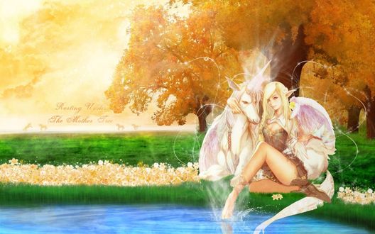 Обои на рабочий стол Resting under the mother tree - Lineage2 (Красивая эльфийка отдыхает с единорогом под  Древом Жизни)