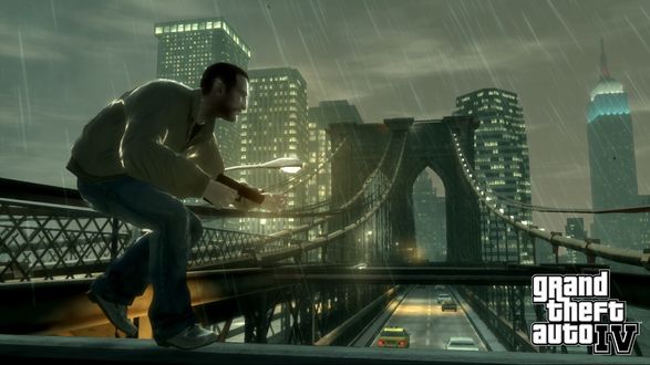 Обои на рабочий стол Мужик с пистолетом на мосту (GTA IV )