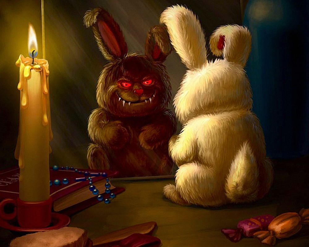 Обои для рабочего стола Белый и пушистый кролик смотрит на себя серного и с красными глазами в зеркале
