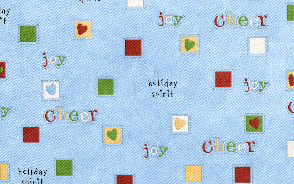 Обои для рабочего стола Голубой материял с цветными квадратиками и сердечками, cheer, joy, holiday spirit