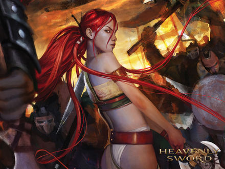 Обои на рабочий стол Красноволосая девушка с топором против армии (Heavenly sword)