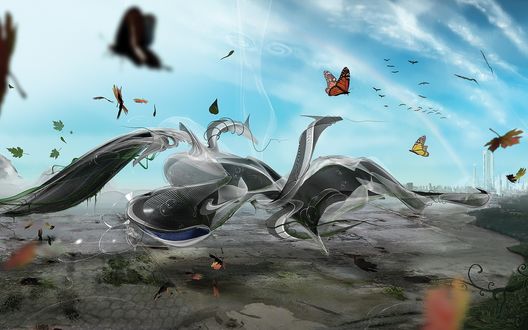 Обои на рабочий стол Бабочки летают над абстрактной фигурой, выше, в небе-птицы, вдали виднеется город