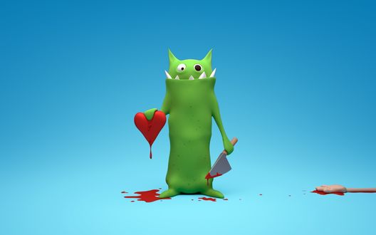 Обои на рабочий стол Кровавый убийца, в одной руке сердце, в другой-тесак, рядом отрубленная рука