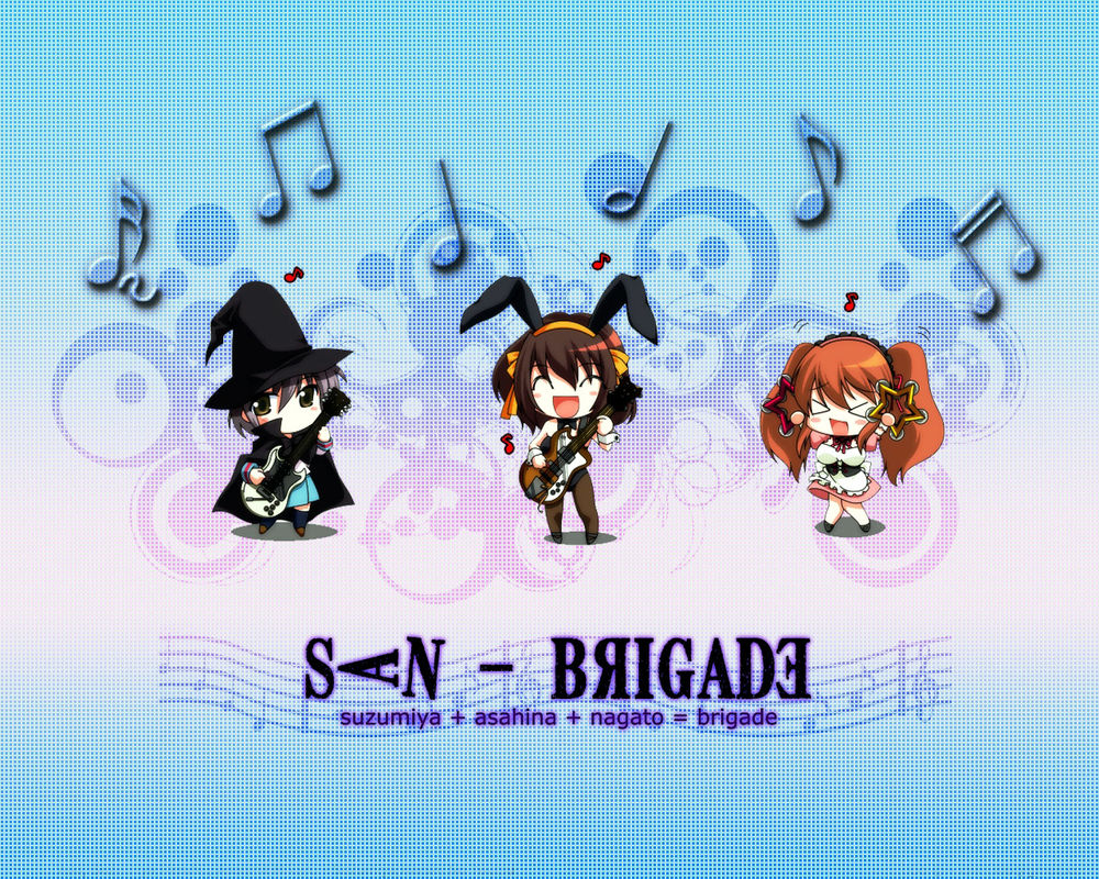 Обои для рабочего стола San Brigade/ Suzumiya + Asahina + Nagato = brigade