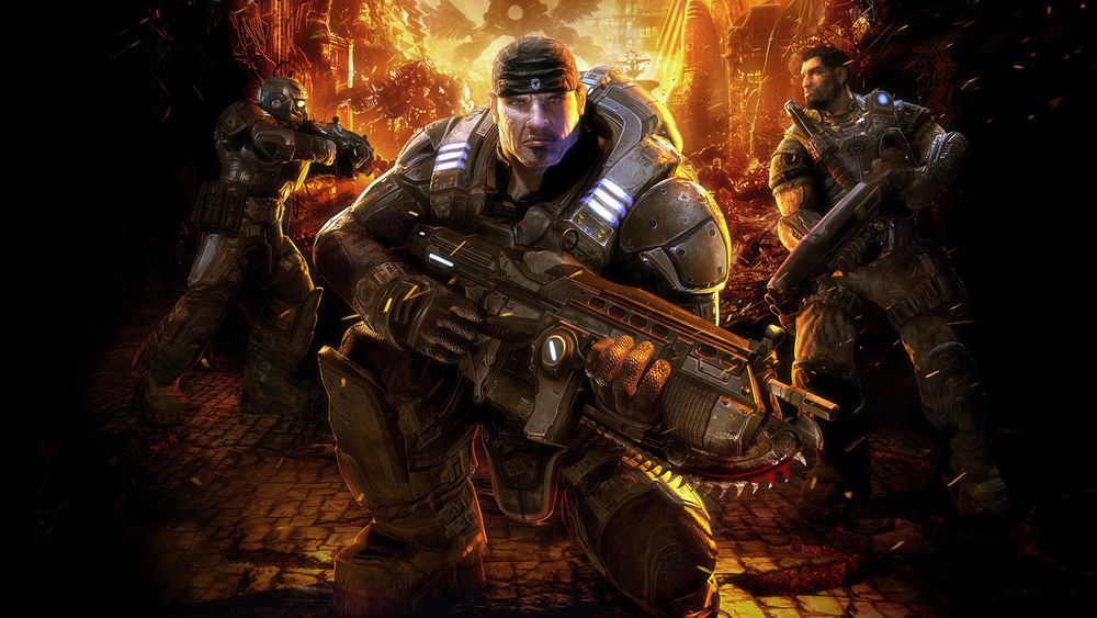 Обои для рабочего стола Маркус Феникс / Marcus Fenix на фоне огня с автоматом в руках, главный персонаж из игры Gears of War / Шестерни войны