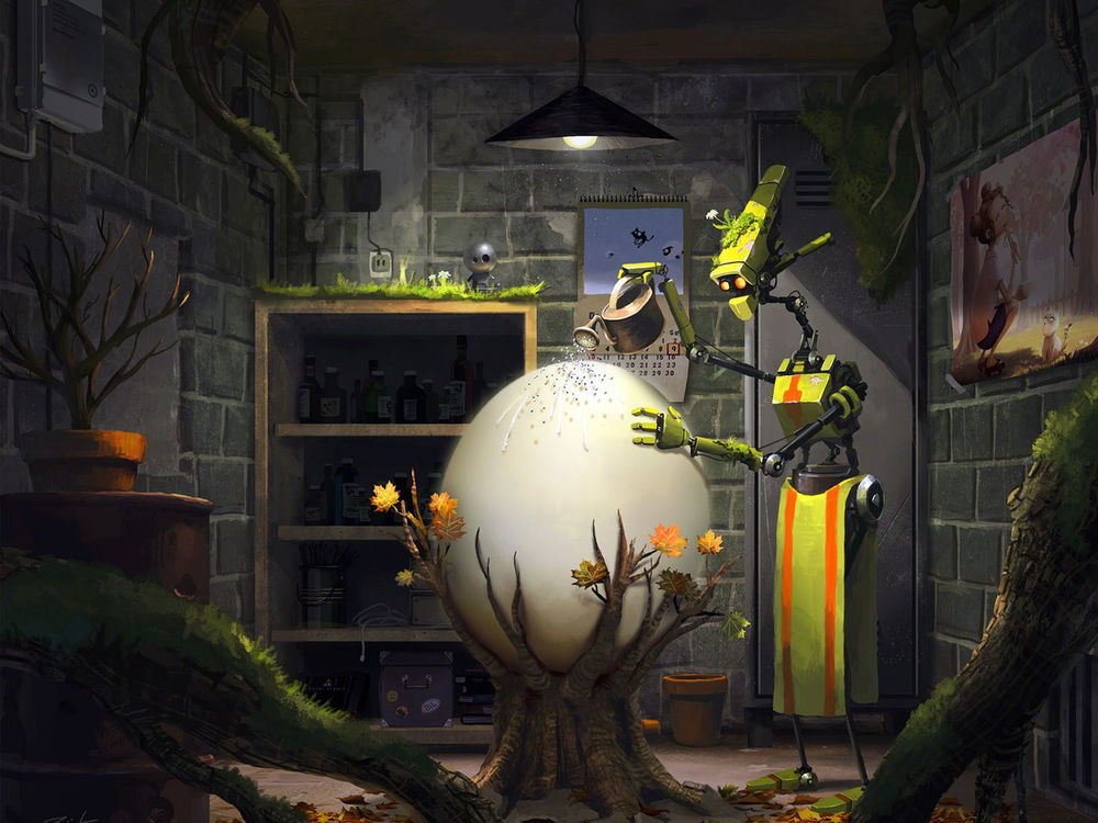 Обои для рабочего стола Робот выращивает в подвале огромное яйцо