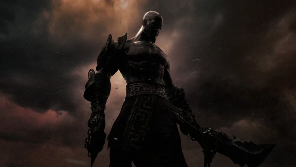 Обои для рабочего стола Kratos / Кратос стоит с клинками Афины в руках из серии игр God of War / Бог Войны