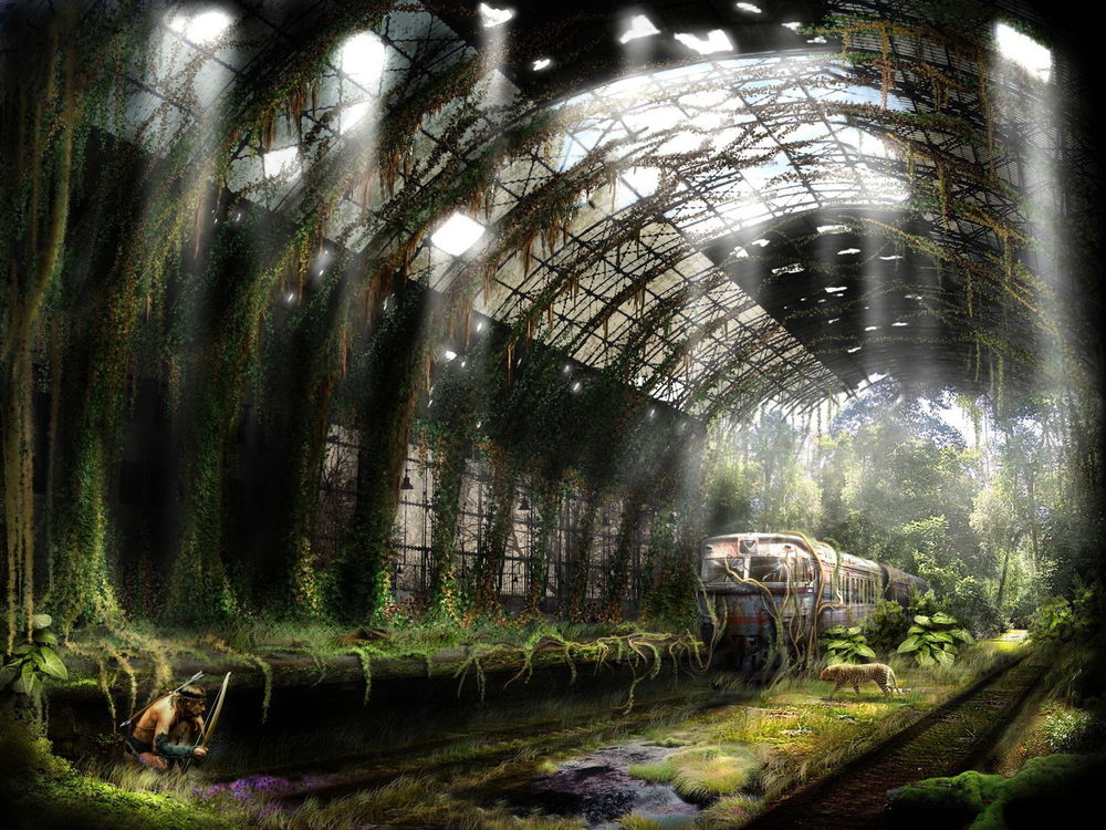 Обои для рабочего стола Будующее, метро 2033 года, в нем один из выживших после катастрофы людей охотится с луком на крупного леопарда, ведь ему так нужны его шкура и мясо