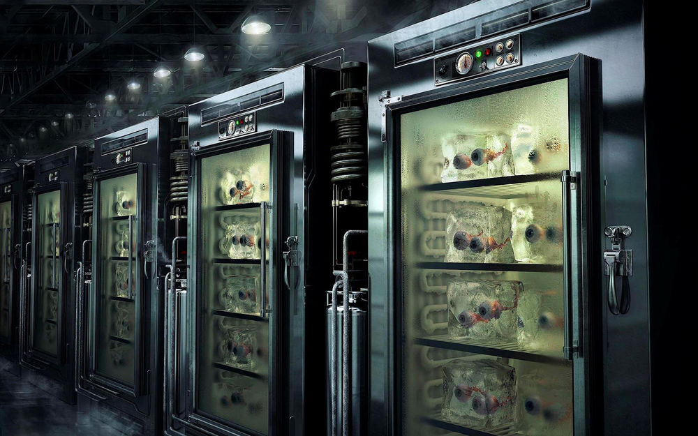 Обои для рабочего стола Глаза замороженные лежат в специальных холодильниках  (лаборатория маньяка?)