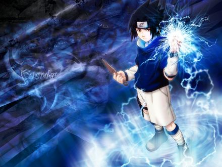 Обои на рабочий стол Саске Учиха / Sasuke Uchiha из аниме Naruto использует технику Чидори