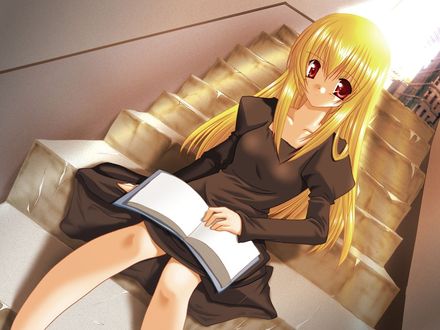 Обои на рабочий стол Анимешка читает книгу на ступеньках