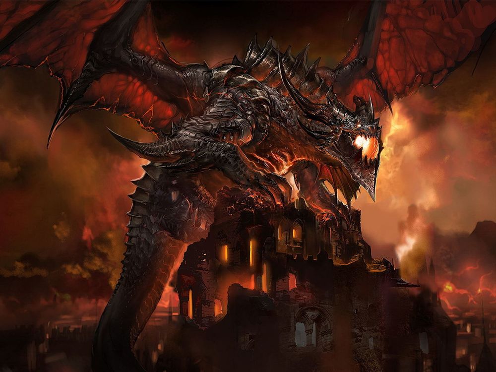 Обои для рабочего стола Смертокрыл разрушает город, арт к игре World of Warcraft / Мир Военного Ремесла