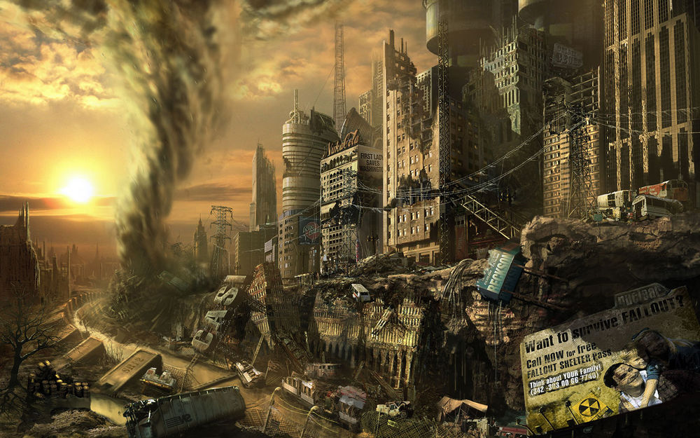 Обои для рабочего стола Торнадо снес город, повалив рекламные щиты (Want to survive FALLOUT? Call now for free Fallout shelter pass )