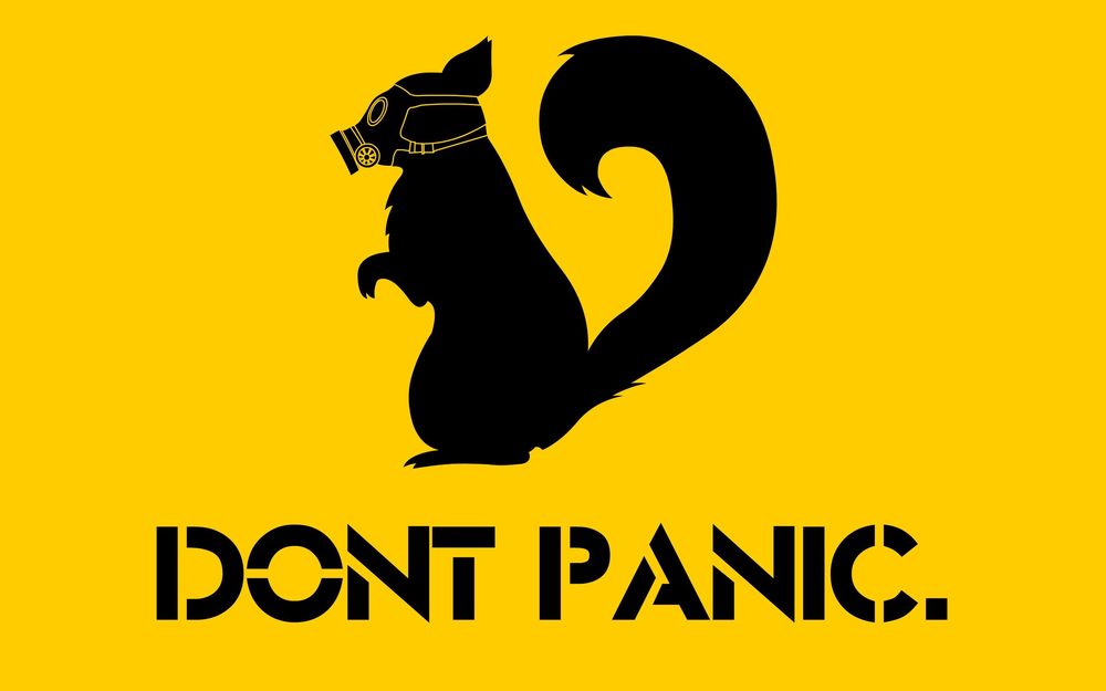Обои для рабочего стола Don't panic Белка в противогазе