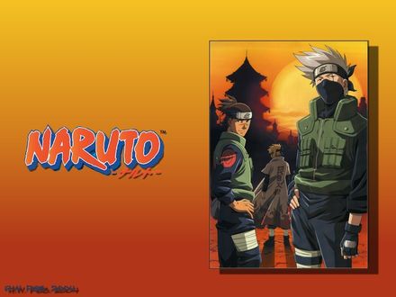 Обои на рабочий стол Хатаке Какаши / Hatake Kakashi, Ирука Умино / Iruka Umino и Минато Намикадзе / Minato Namikaze из аниме Naruto, art by Masashi Kishimoto