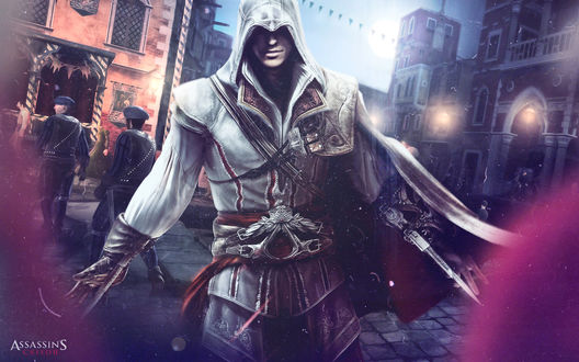 Обои на рабочий стол Ezio Auditore da Firenze / Эцио Аудиторе да Фиренце главный герой игры Assassins Сreed II идет по площади, обнажив скрытые клинки ассасинов на руках