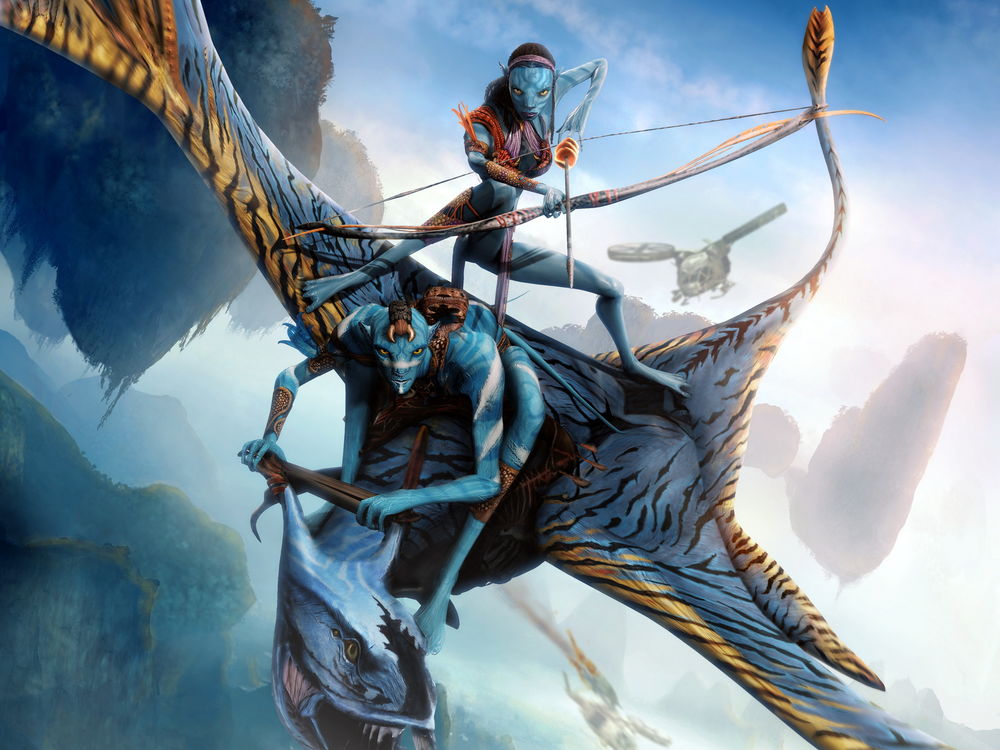 Обои для рабочего стола Эскиз воздушный бой Жители Пандоры на драконах против Землян на летающих крепостях для фильма «Аватар»