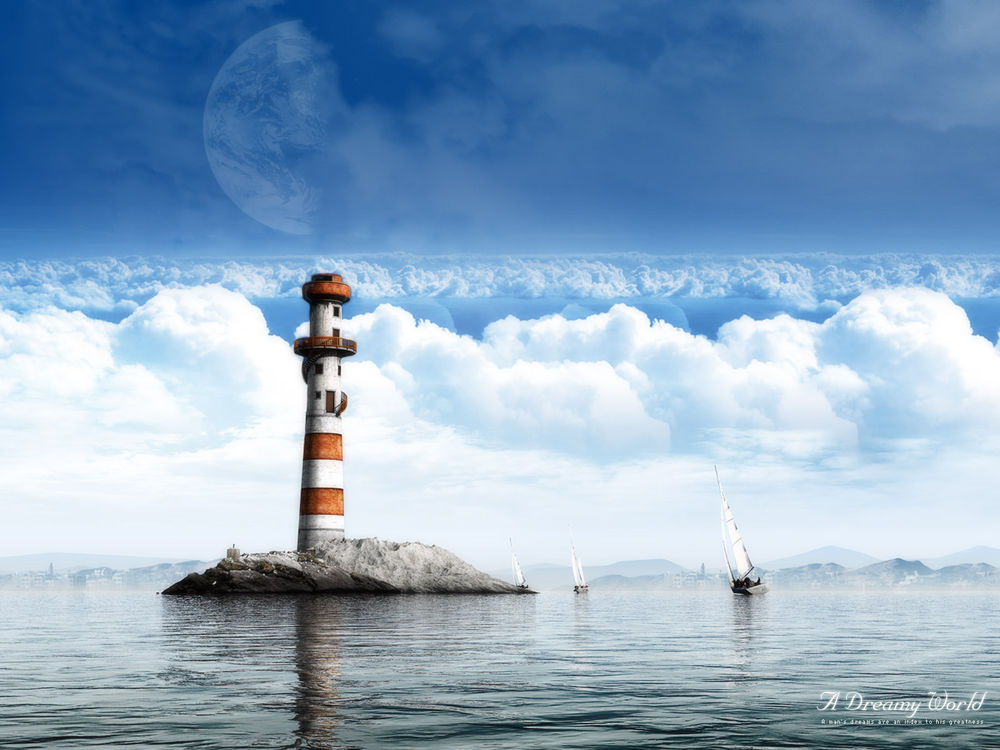 Обои для рабочего стола Маяк на фоне облаков и небольшие яхты (A Dreamy World, a mans dreams are an index to his greatness)